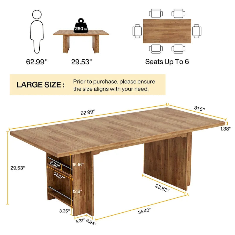 Brown Rectangular Dining Table with Dual Storage Shelves and Vintage Wood Finish