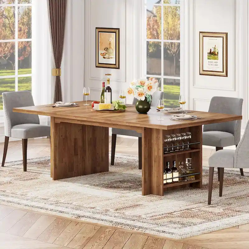 Brown Rectangular Dining Table with Dual Storage Shelves and Vintage Wood Finish