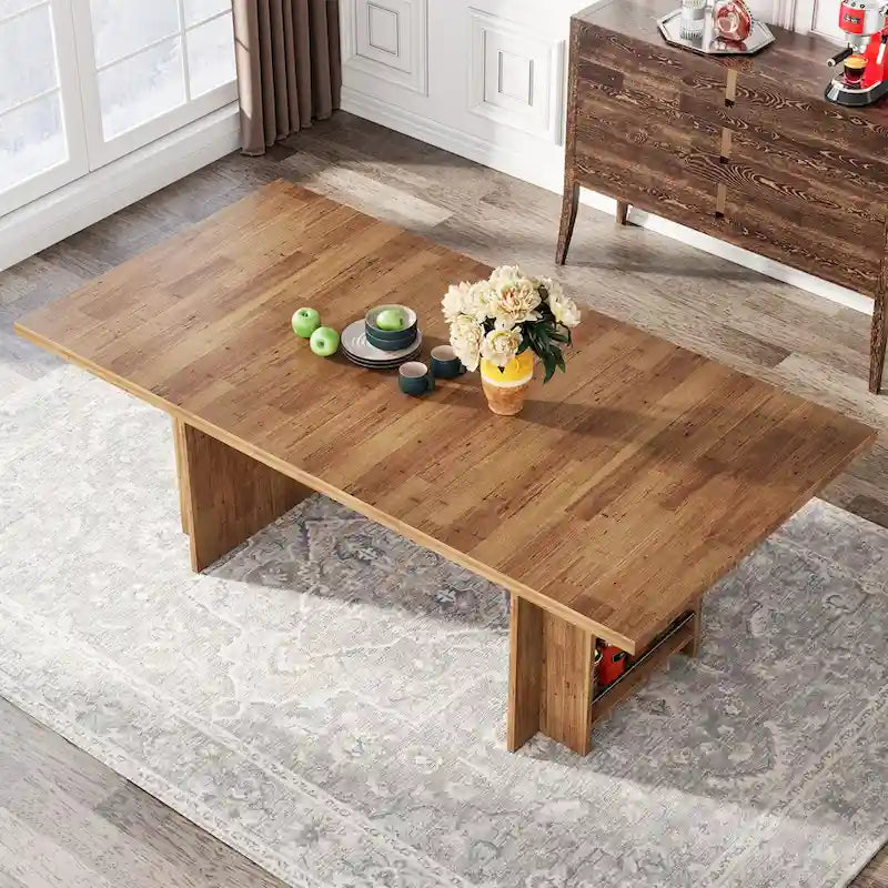 Brown Rectangular Dining Table with Dual Storage Shelves and Vintage Wood Finish