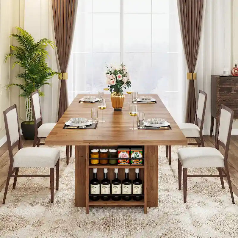 Brown Rectangular Dining Table with Dual Storage Shelves and Vintage Wood Finish