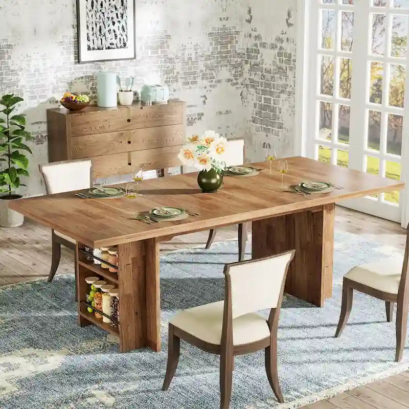 Brown Rectangular Dining Table with Dual Storage Shelves and Vintage Wood Finish