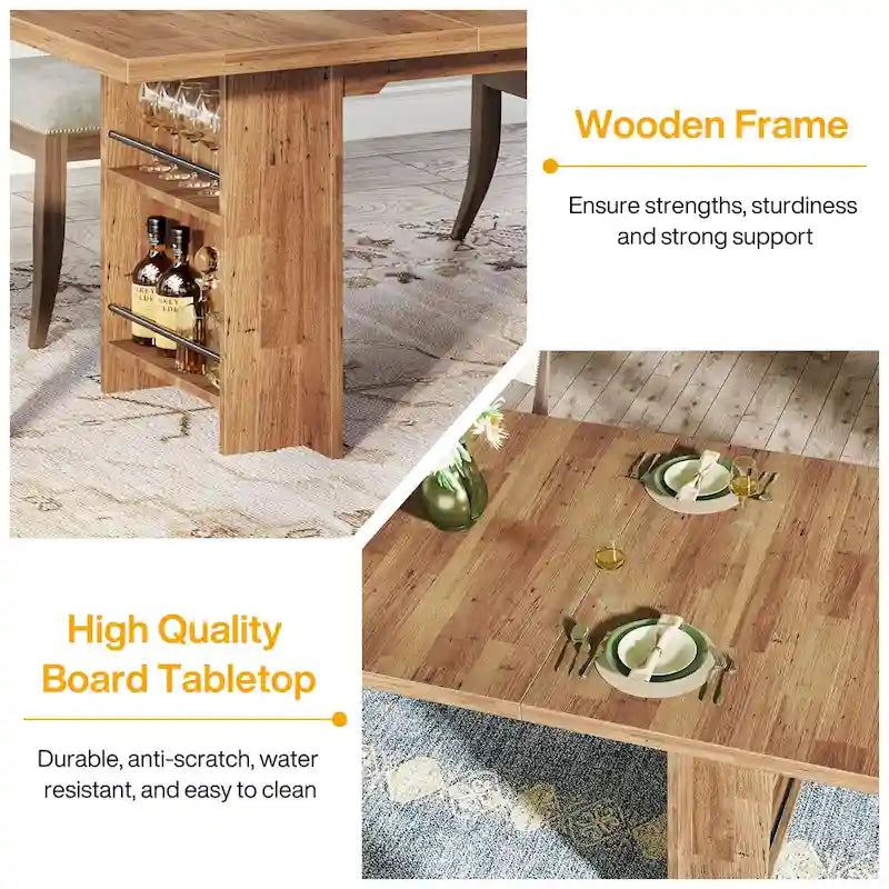 Brown Rectangular Dining Table with Dual Storage Shelves and Vintage Wood Finish
