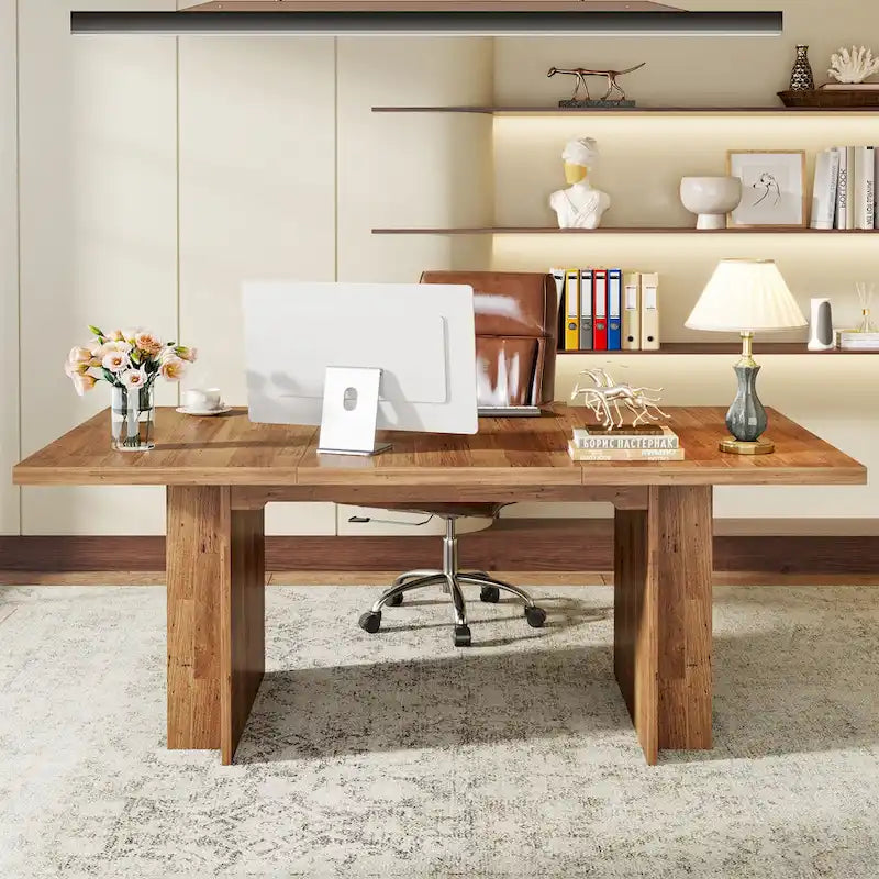 Brown Rectangular Dining Table with Dual Storage Shelves and Vintage Wood Finish