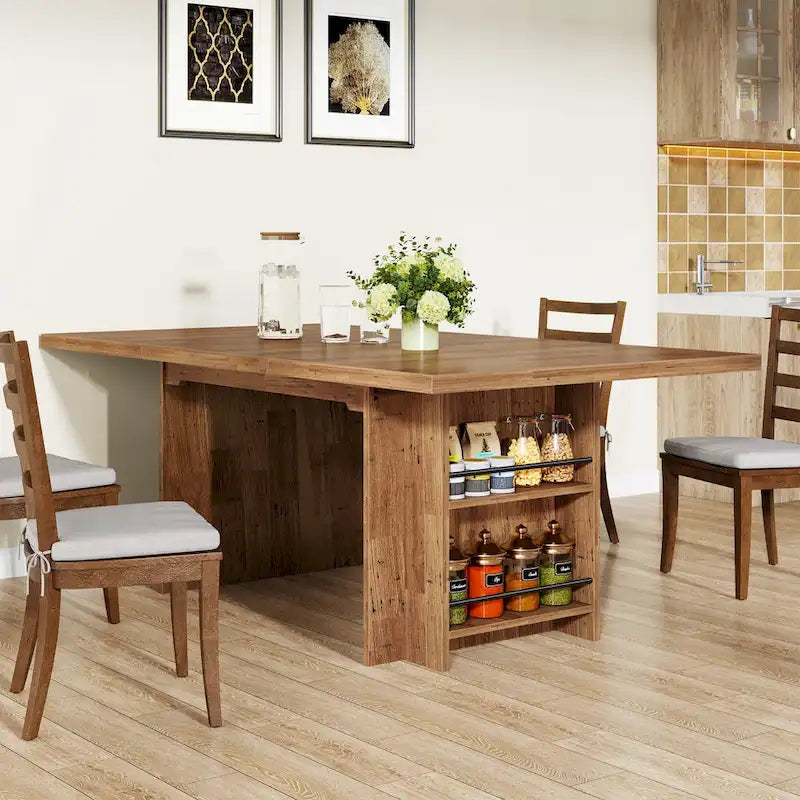 Brown Rectangular Dining Table with Dual Storage Shelves and Vintage Wood Finish