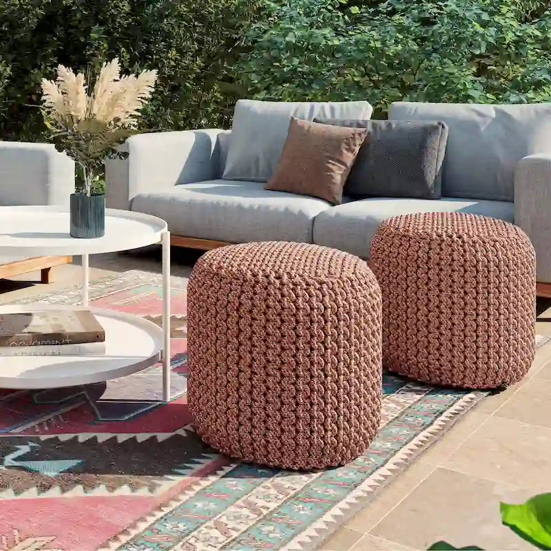Orange Round Knitted Pouf Indoor Outdoor Recycled PET Polyester Foot Stool