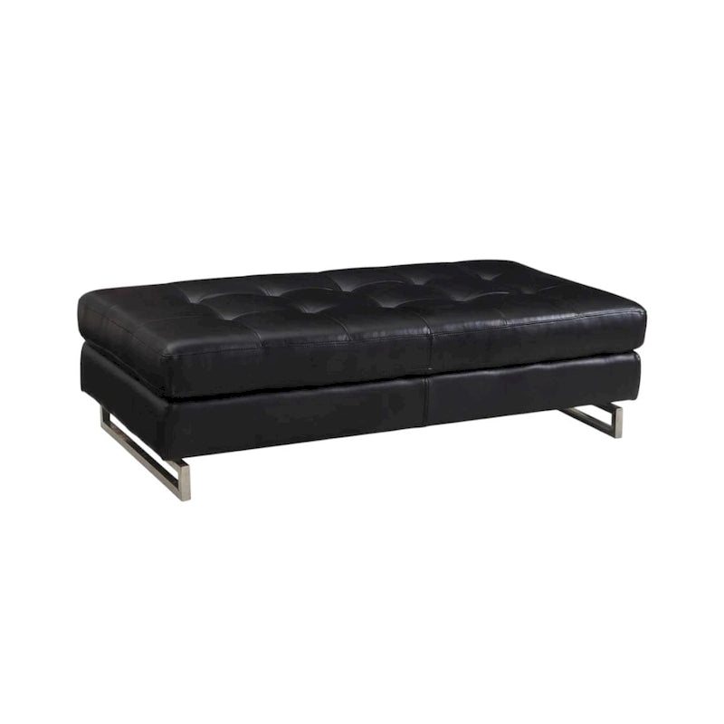 Large Black Tufted Faux Leather Ottoman with Silver Metal Sled Base