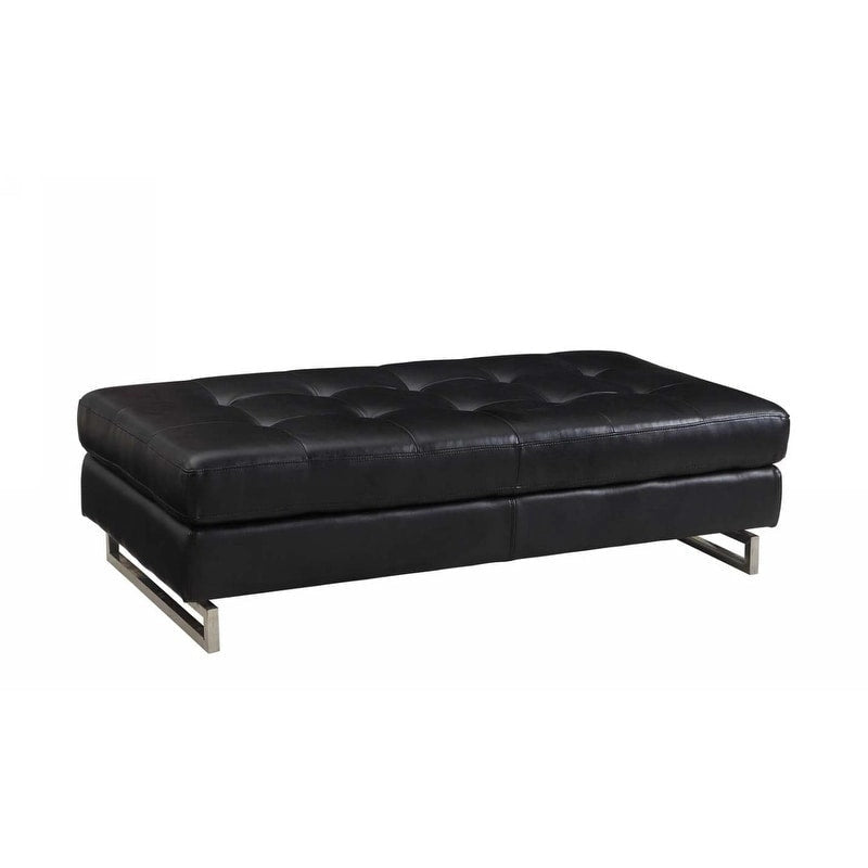 Large Black Tufted Faux Leather Ottoman with Silver Metal Sled Base