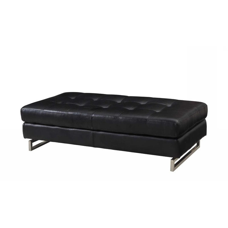 Large Black Tufted Faux Leather Ottoman with Silver Metal Sled Base