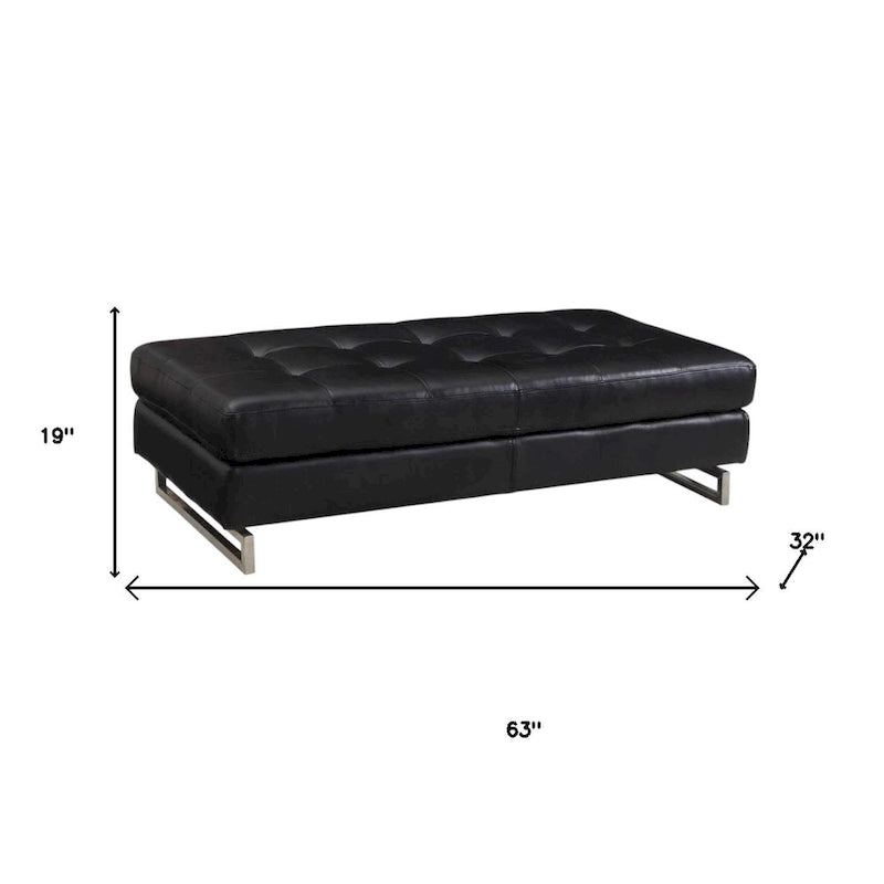 Large Black Tufted Faux Leather Ottoman with Silver Metal Sled Base
