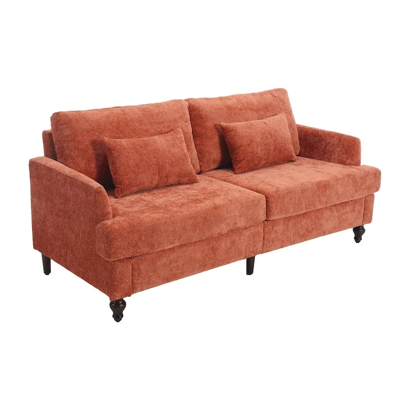 Chenille Fabric 2-Seat Loveseat Sofa American Retro Style Turned Wood Legs with Pillows