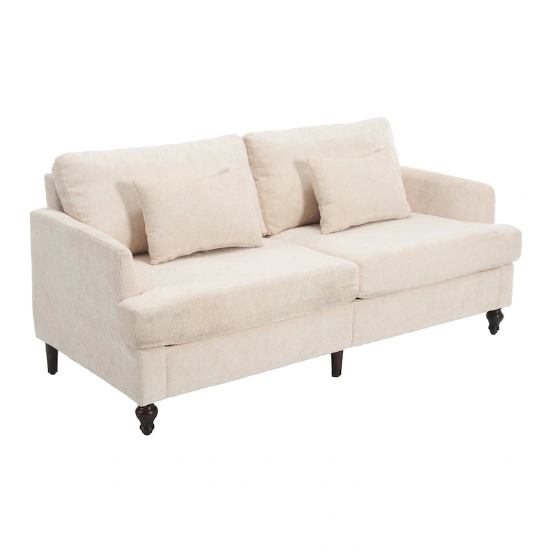 Chenille Fabric 2-Seat Loveseat Sofa American Retro Style Turned Wood Legs with Pillows