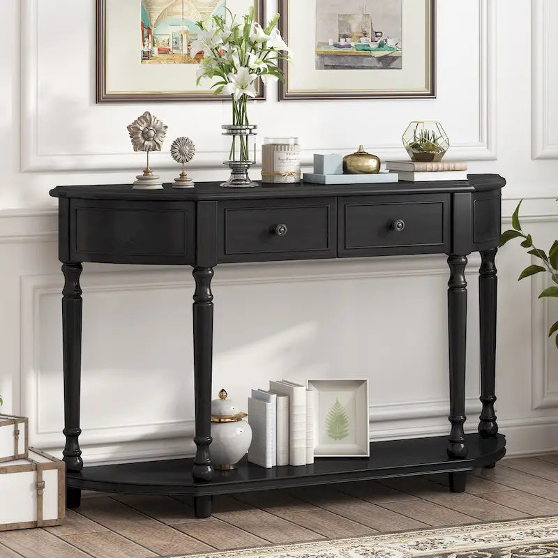 Nestfair Retro Wooden Console Table with Open Shelf Two Drawers