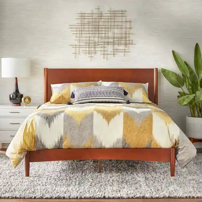 Mid-Century Solid Pinewood Platform Bed with Tapered Legs in Walnut or White