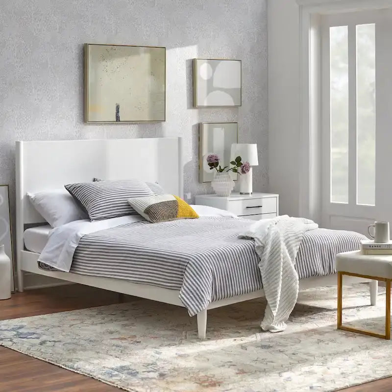 Mid-Century Solid Pinewood Platform Bed with Tapered Legs in Walnut or White