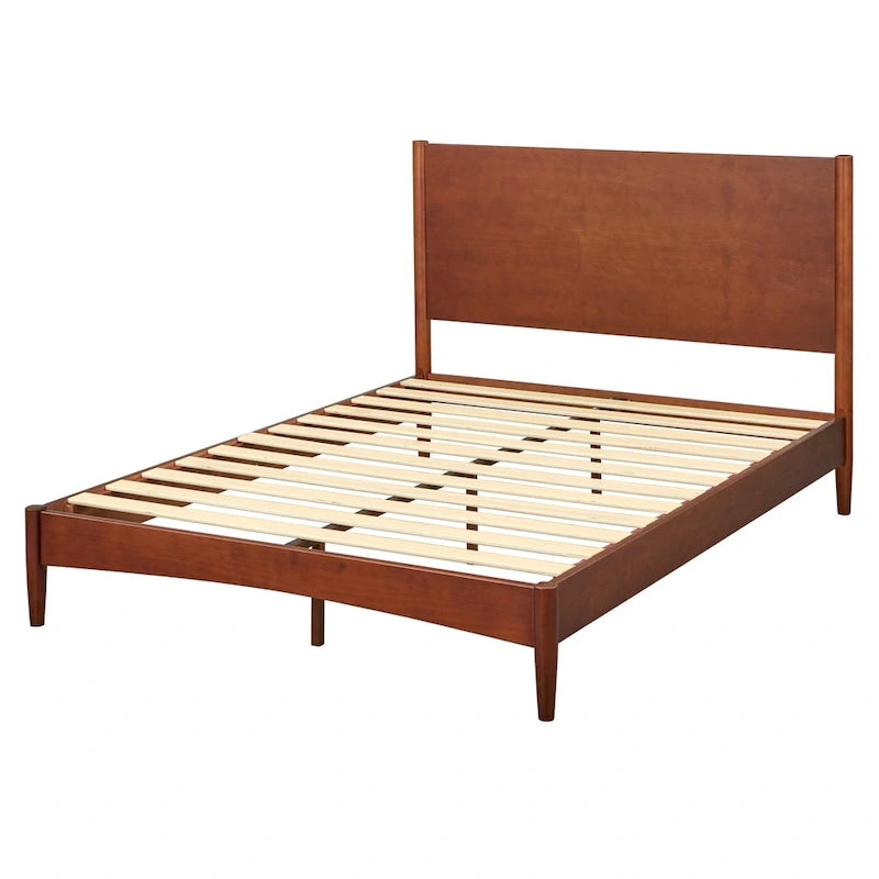 Mid-Century Solid Pinewood Platform Bed with Tapered Legs in Walnut or White