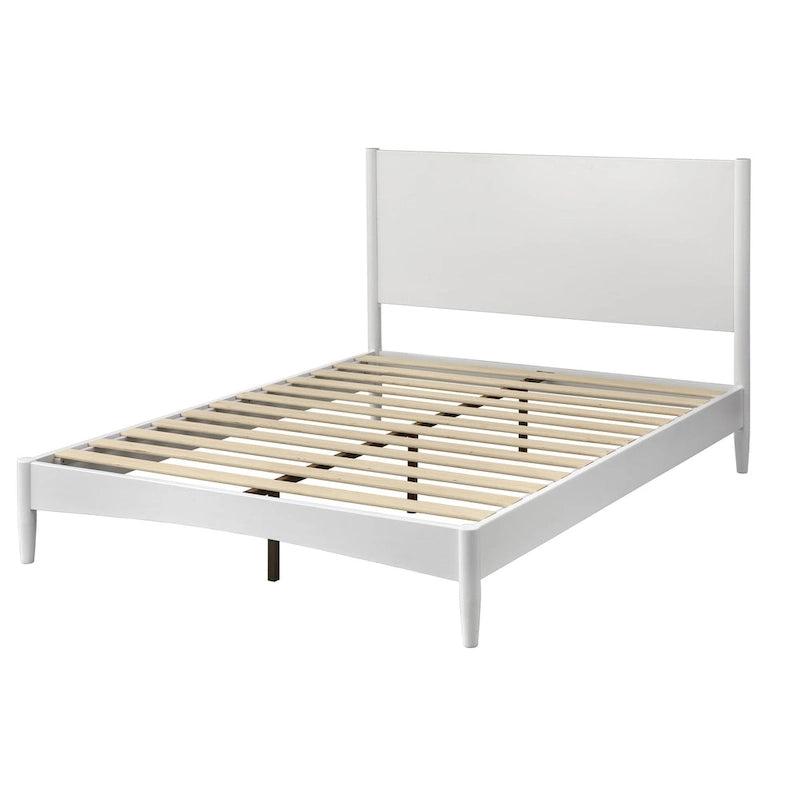 Mid-Century Solid Pinewood Platform Bed with Tapered Legs in Walnut or White