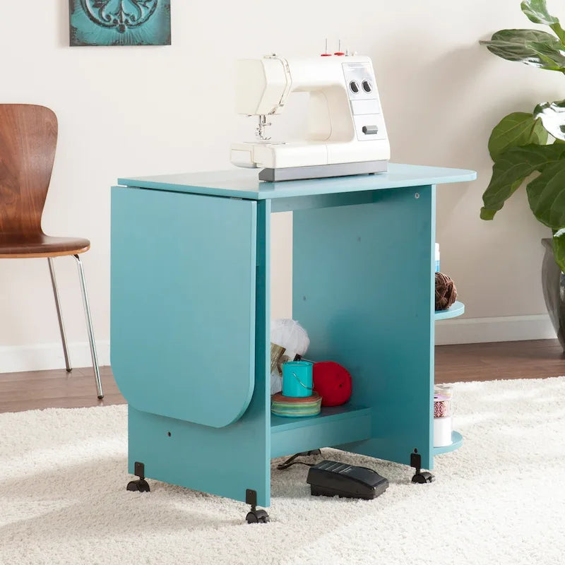 Turquoise Expandable Rolling Sewing Table Craft Station with Fold-Down Leaf and Shelves