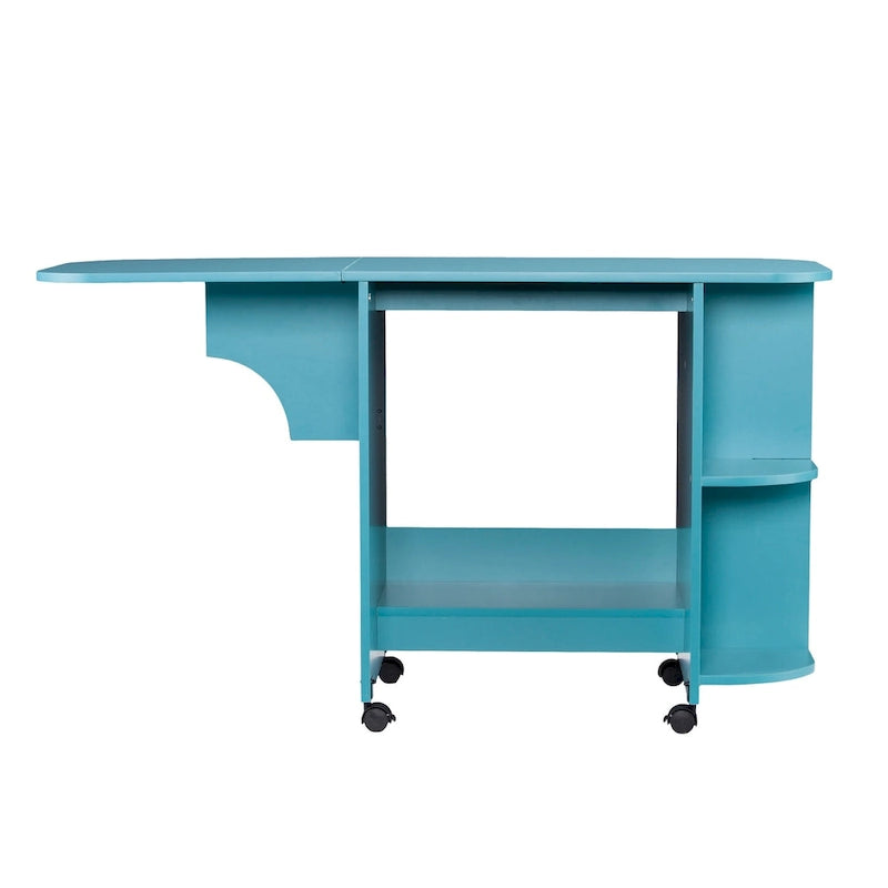 Turquoise Expandable Rolling Sewing Table Craft Station with Fold-Down Leaf and Shelves