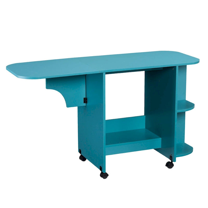 Turquoise Expandable Rolling Sewing Table Craft Station with Fold-Down Leaf and Shelves