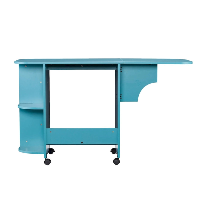 Turquoise Expandable Rolling Sewing Table Craft Station with Fold-Down Leaf and Shelves