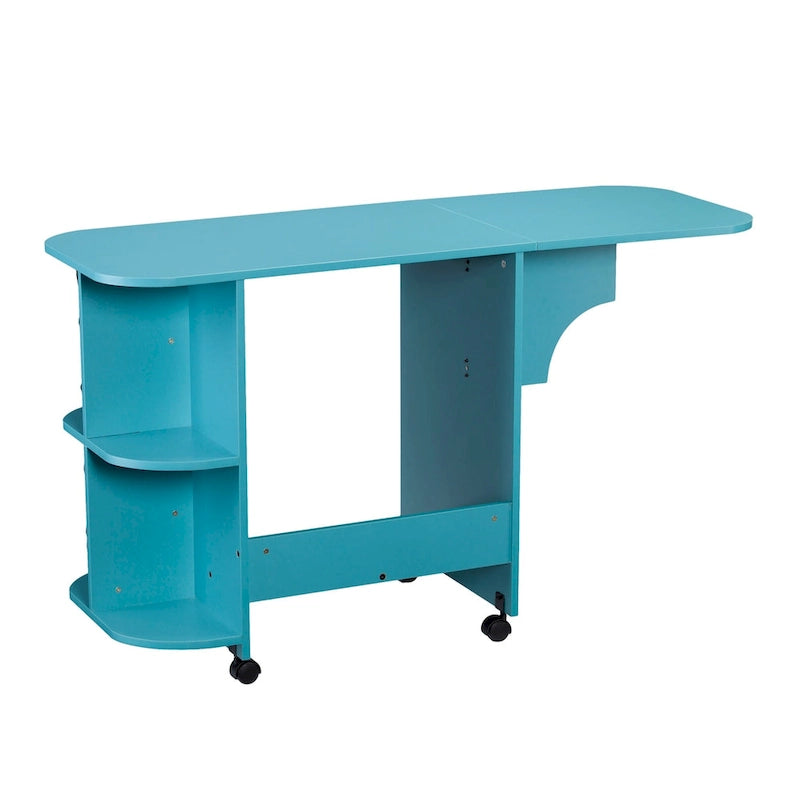 Turquoise Expandable Rolling Sewing Table Craft Station with Fold-Down Leaf and Shelves
