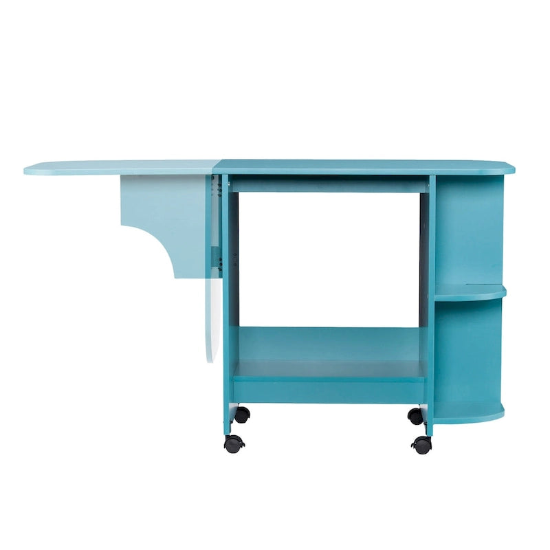 Turquoise Expandable Rolling Sewing Table Craft Station with Fold-Down Leaf and Shelves