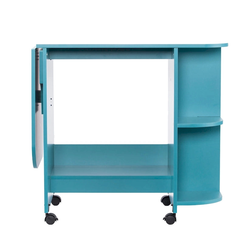 Turquoise Expandable Rolling Sewing Table Craft Station with Fold-Down Leaf and Shelves