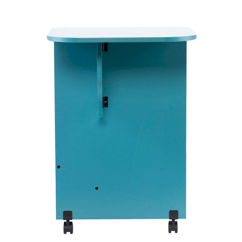 Turquoise Expandable Rolling Sewing Table Craft Station with Fold-Down Leaf and Shelves