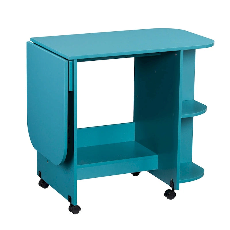 Turquoise Expandable Rolling Sewing Table Craft Station with Fold-Down Leaf and Shelves