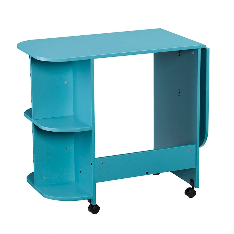 Turquoise Expandable Rolling Sewing Table Craft Station with Fold-Down Leaf and Shelves