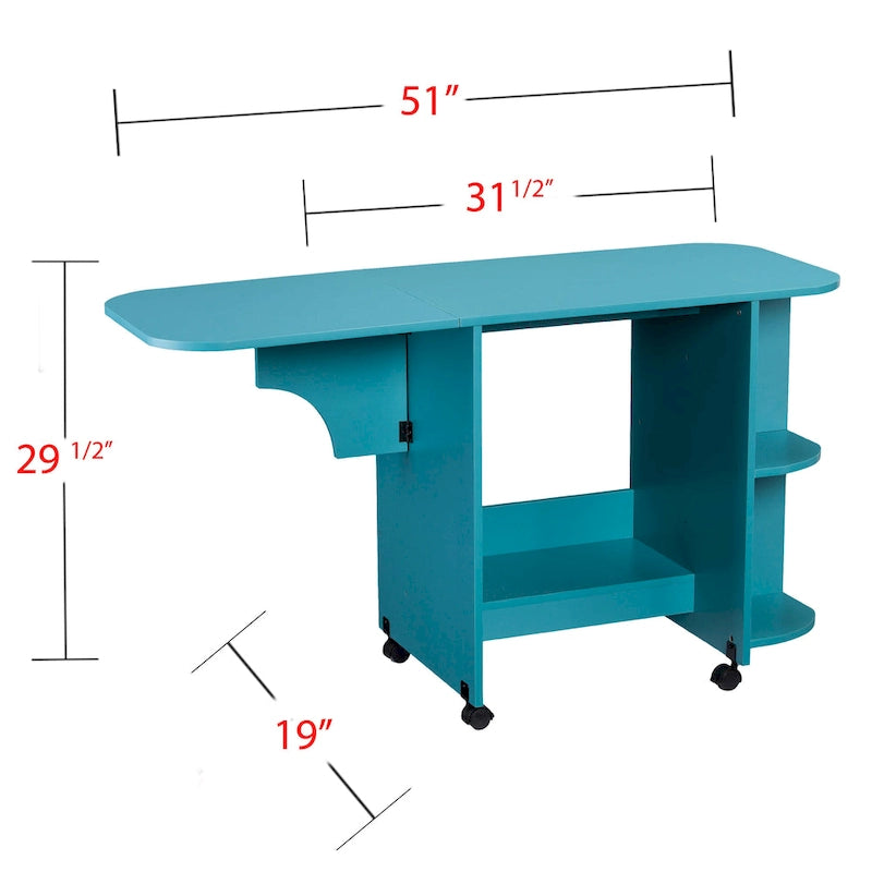 Turquoise Expandable Rolling Sewing Table Craft Station with Fold-Down Leaf and Shelves