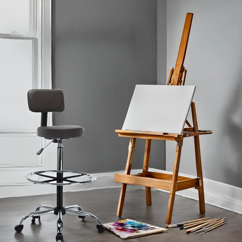Adjustable Rolling Work Stool with Faux Leather Seat and Foldable Footrest, Versatile Stool for Home Office, Vanity,