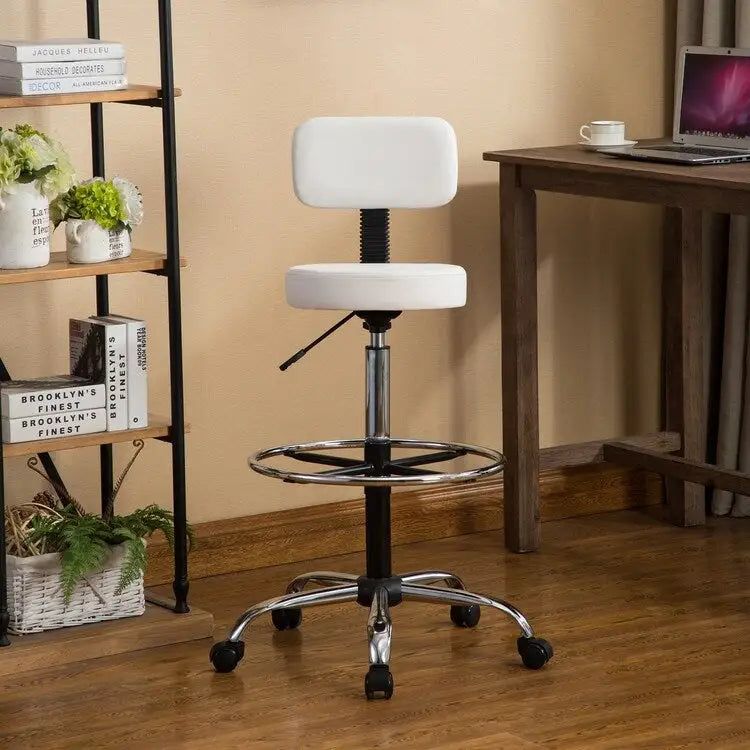 Adjustable Rolling Work Stool with Faux Leather Seat and Foldable Footrest, Versatile Stool for Home Office, Vanity,