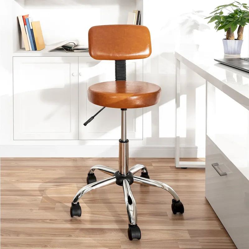 Adjustable Rolling Work Stool with Faux Leather Seat and Foldable Footrest, Versatile Stool for Home Office, Vanity,