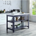 White Faux Marble Top Kitchen Island Gray Wood Frame Two Open Slat Shelves