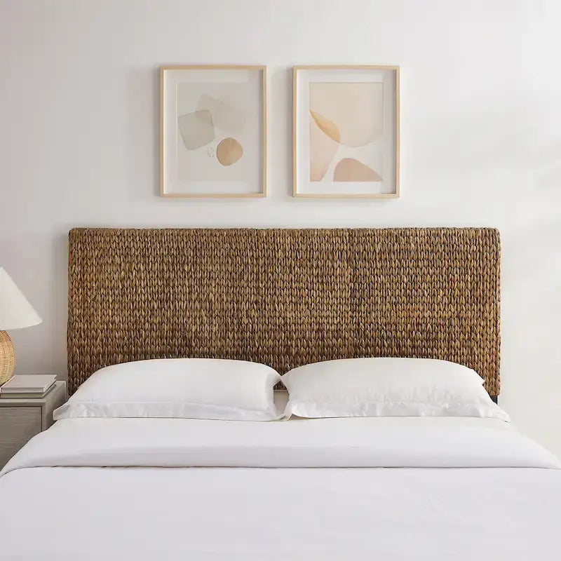 Handwoven Natural Seagrass Flat Panel Coastal Headboard with Matte Black Feet
