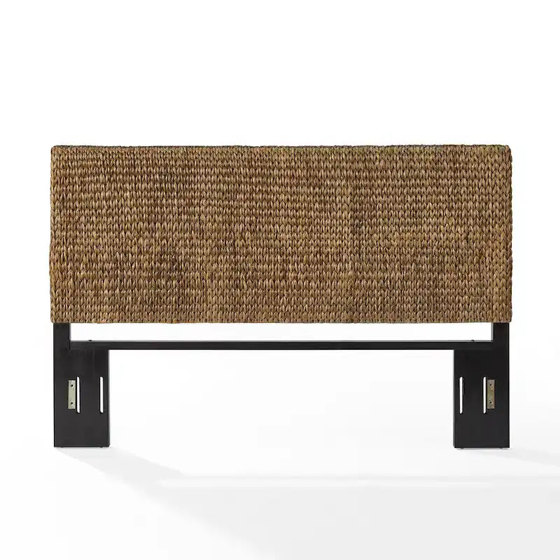 Handwoven Natural Seagrass Flat Panel Coastal Headboard with Matte Black Feet