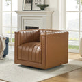 PU Leather Swivel Barrel Accent Chair Vertical Channel Tufting Square Arms