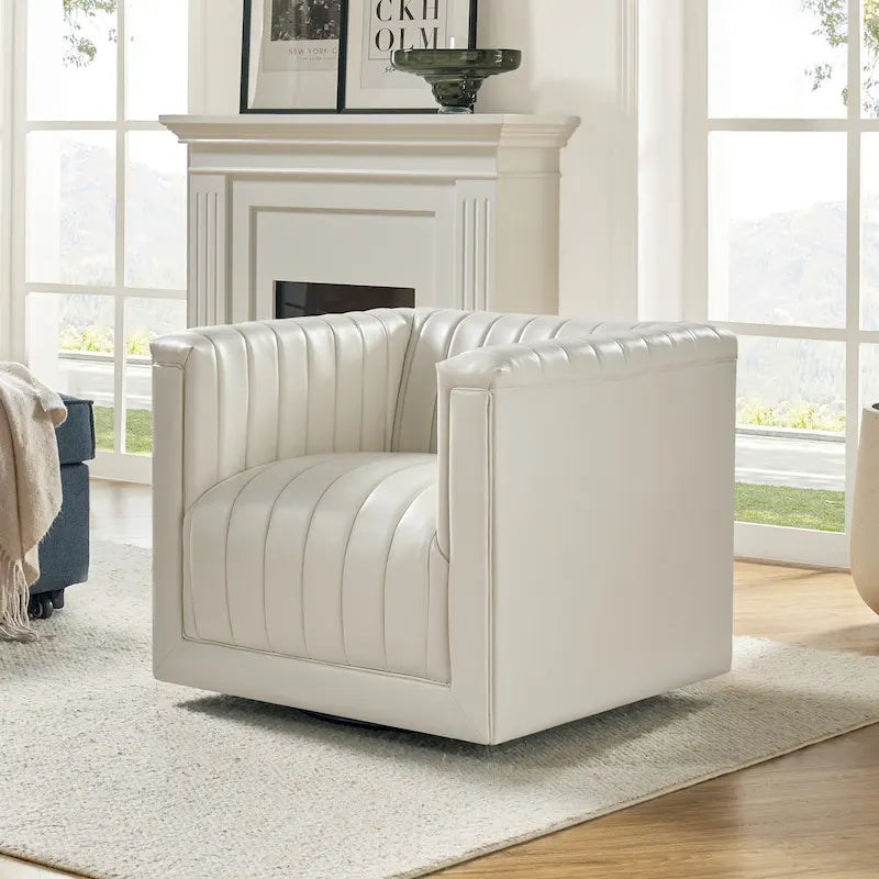 PU Leather Swivel Barrel Accent Chair Vertical Channel Tufting Square Arms