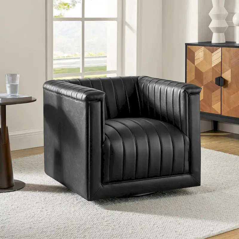 PU Leather Swivel Barrel Accent Chair Vertical Channel Tufting Square Arms