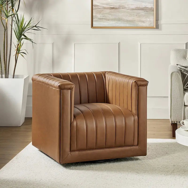 PU Leather Swivel Barrel Accent Chair Vertical Channel Tufting Square Arms