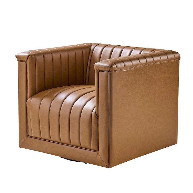 PU Leather Swivel Barrel Accent Chair Vertical Channel Tufting Square Arms