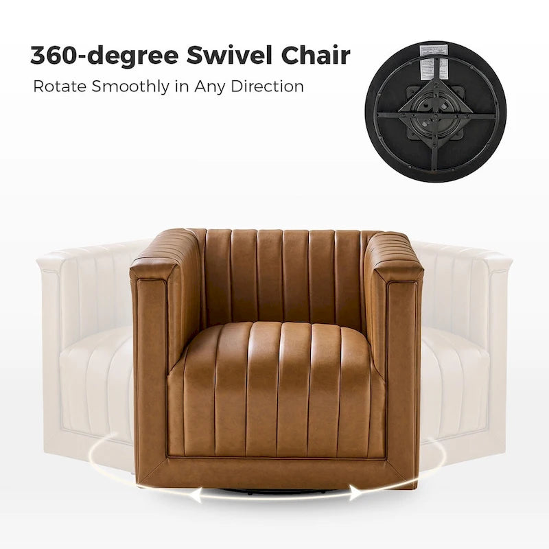 PU Leather Swivel Barrel Accent Chair Vertical Channel Tufting Square Arms