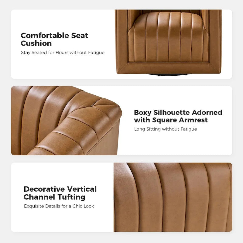 PU Leather Swivel Barrel Accent Chair Vertical Channel Tufting Square Arms