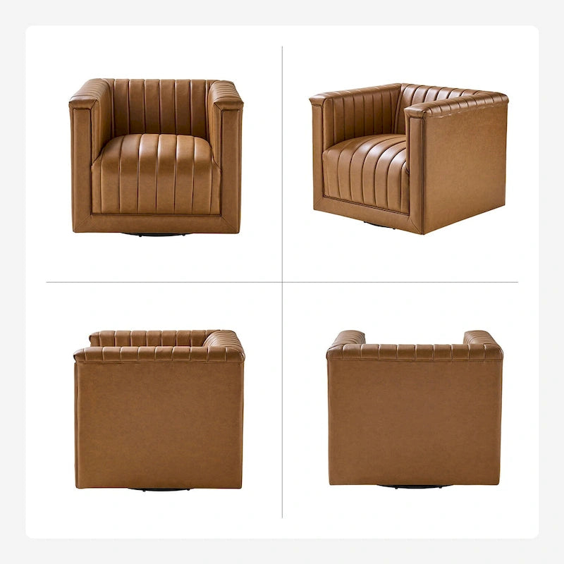 PU Leather Swivel Barrel Accent Chair Vertical Channel Tufting Square Arms