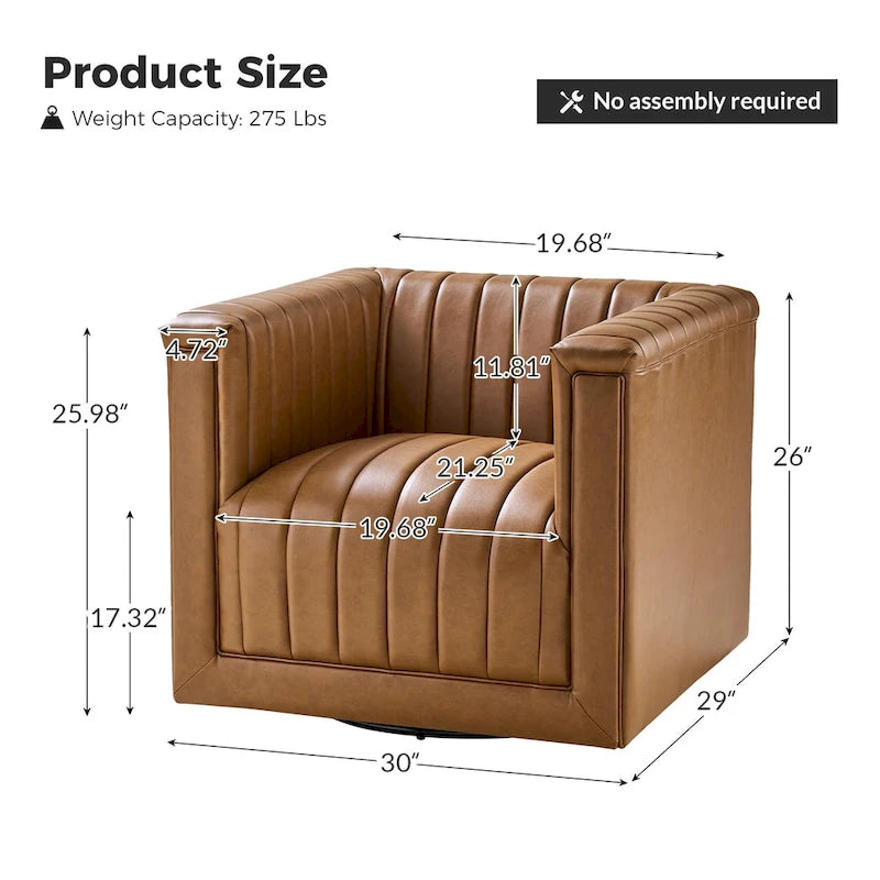 PU Leather Swivel Barrel Accent Chair Vertical Channel Tufting Square Arms
