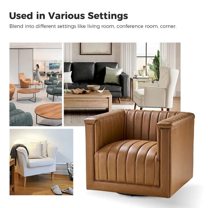 PU Leather Swivel Barrel Accent Chair Vertical Channel Tufting Square Arms