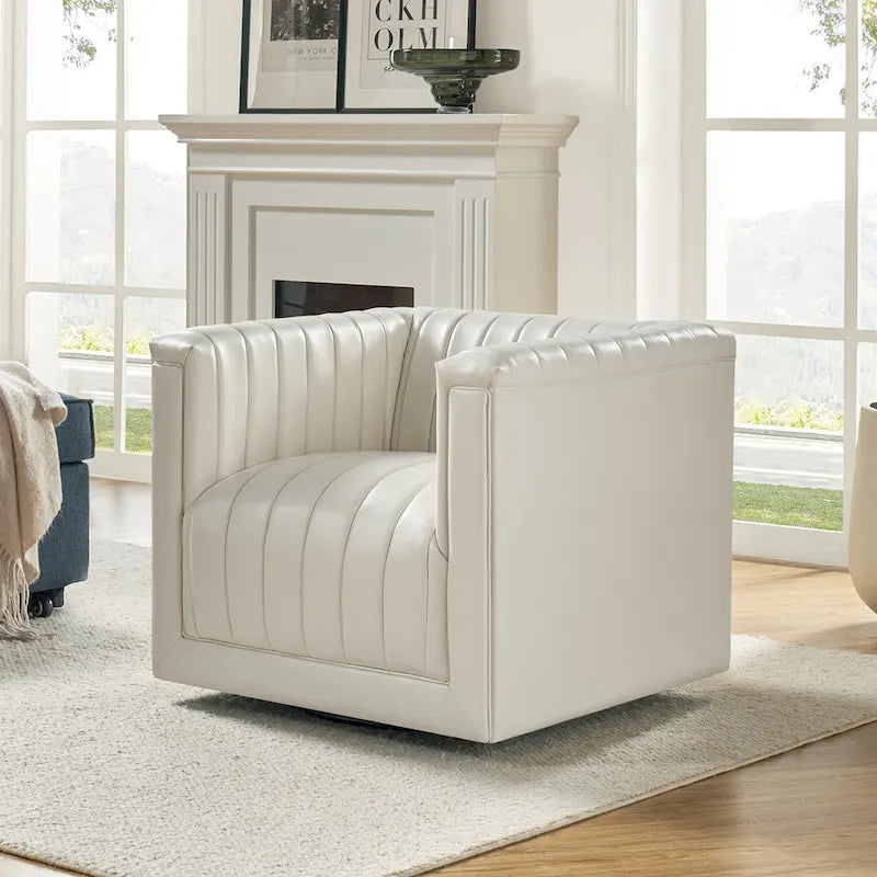 PU Leather Swivel Barrel Accent Chair Vertical Channel Tufting Square Arms