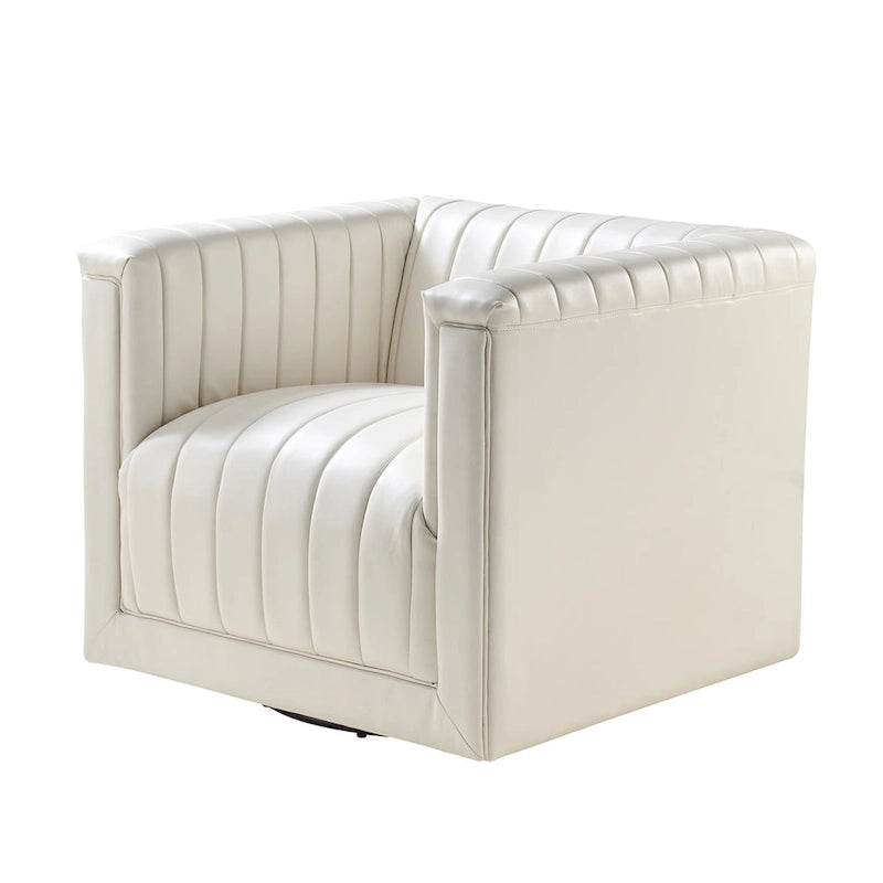 PU Leather Swivel Barrel Accent Chair Vertical Channel Tufting Square Arms