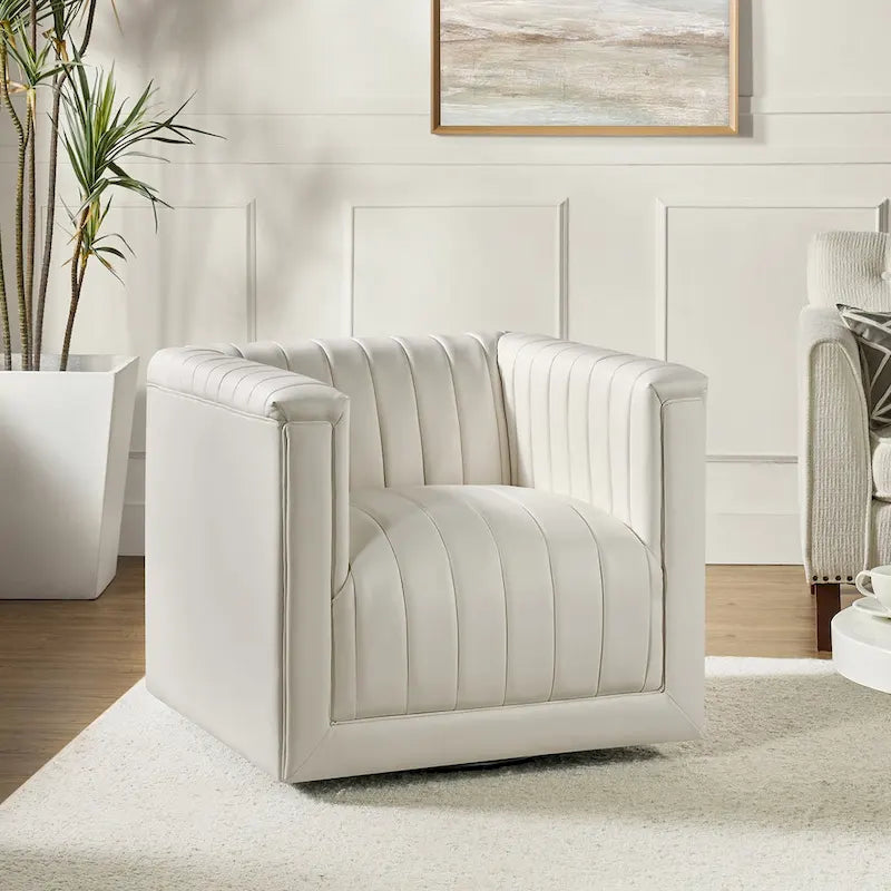 PU Leather Swivel Barrel Accent Chair Vertical Channel Tufting Square Arms